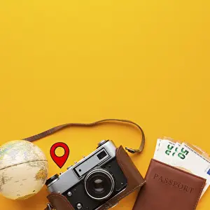 Deserted Airport Scene Drucke: Flat lay tourist objects arrangement