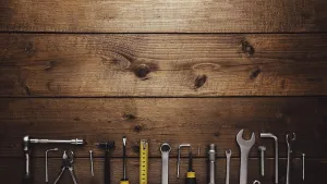 Wooden Background Images Drucke: Flat lay with various work tools on wooden background working table