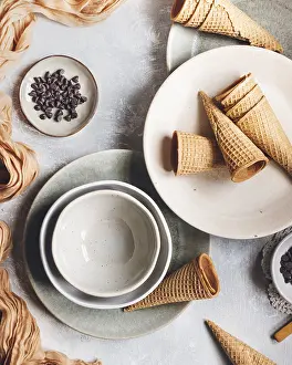 Rustic Country Style Baked Goods Drucke: A flat lay of empty waffle cones