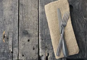 Text Free Space Drucke: Flatware on a rustic wooden table with space for text