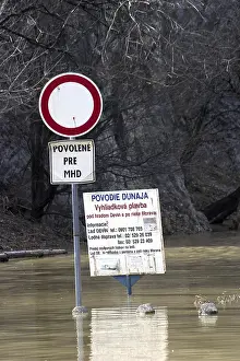 Road Traffic Warning Signs Drucke: Flooding of the Danube River near the Duino Ruins