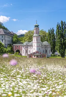 Flower Meadow In Austria Drucke: Flower meadow in front of the monastery St