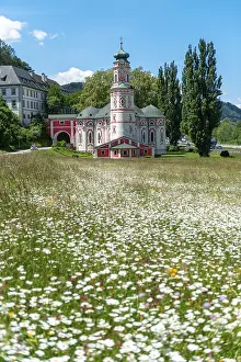 St Charles Church Austria Drucke: Flower meadow in front of the monastery St