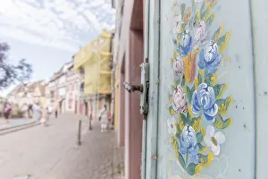 Deserted French Village Drucke: Flower pattern painted on a window pane