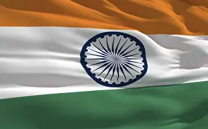 Deserted Landscape With Flag Drucke: Fluttering flag of India on the wind