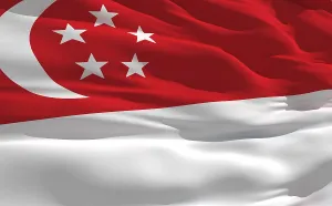 Deserted Landscapes With Flags Drucke: Fluttering flag of Singapour on the wind