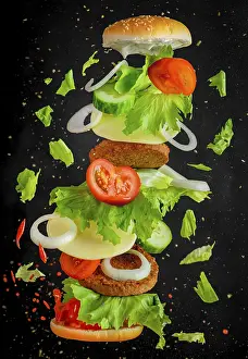 High Calorie Food Images Drucke: Flying burger, floating ingredients