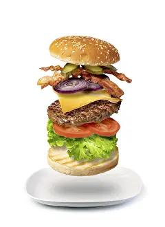 Close Up Burger Drucke: Flying burger isolated on a white background