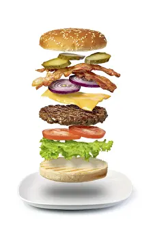 White Background Burger Drucke: Flying burger isolated on a white background