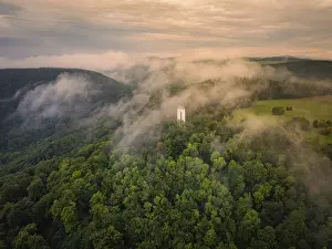 Southern Germany Forest Scene Drucke: Fog envelops tower and forests