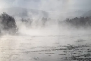 Northern Europe Waterfront Scene Drucke: Fog over the river Glomma (Glama)