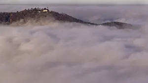 Hilly Landscape Germany Drucke: Fog, Teck Castle above the clouds