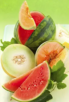 Diverse Fruit Arrangement Drucke: Food, Assorted melons and watermelon on the table