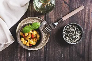 Breakfast Food Photography Ideas Drucke: Food, Bread pudding with egg, pepper and basil in a cup on the table top view