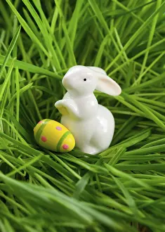 Food Photography Easter Drucke: Food, Easter rabbit and eggs on grass