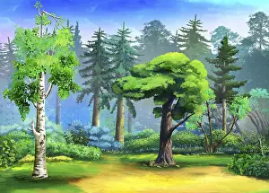 Drucke von Waldlichtung an einem sonnigen Sommertag. Digitale Malerei Hintergrund, Illustration, Ukraine Wald-Kunstwerk Drucke: Waldlichtung an einem sonnigen Sommer tag.