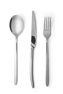 Close Up Cutlery Drucke: Fork, spoon and knife isolated on white background