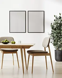 Scandinavian Interior Design Drucke: Two empty frames mockup, stylish room interior with table and chairs