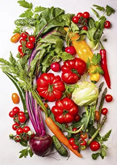 Studio Food Photography Drucke: Fresh different vegetables on the white background