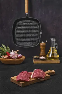 Butcher Shop Products Drucke: Fresh lamb steak on kitchen table
