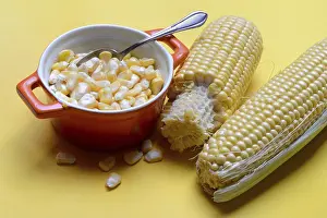 Sweet Corn Photography Drucke: Fresh maize kernels in pots and cobs