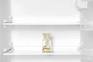 Studio Shot Of Medication Drucke: Empty fridge with vitamin tablets