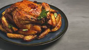 Fried Chicken Drucke: Fried whole chicken, with potatoes