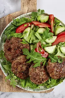 Leafy Vegetable Greens Drucke: Fried cutlets, mixed minced meat