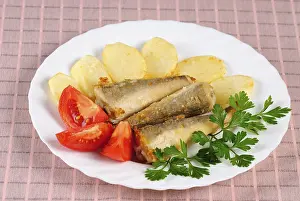Food Photography Studio Background Drucke: Fried fish and potato dinner on the table