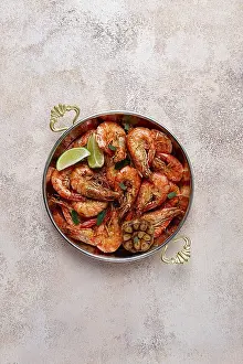 Crustacean Cooking Methods Drucke: Fried king prawns, in shell, with spices
