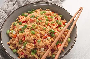 Vegetable Stir Fry Drucke: Fried Rice, with vegetables and egg