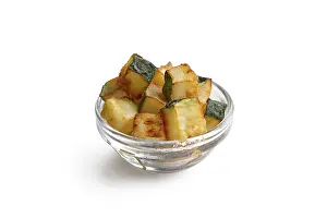 High Angle View Food Images Drucke: Fried square chips made of zucchini