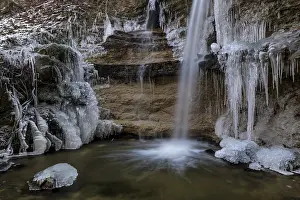 Lake Constance Scenery Drucke: A frozen waterfall with icicles on the rocks