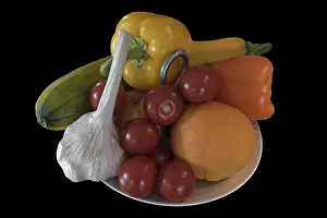Southern Germany Travel Pics Drucke: Fruit and vegetable plate on a black background