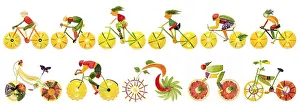 Vegetarian Diet Concept Drucke: Fruit and vegetables in the form of a bicycle set with cyclists