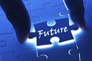 Symbolic Picture Illustration Drucke: Future concept, future word on puzzle piece with back light