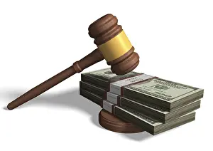 Drucke von Ein Symbol der Macht und des Reichtums: Ein Hammer schlägt auf eine Bündel Geldscheine Clackmannanshire Drucke: Ein Gavel auf einer Bündel von Dollar-Scheinen