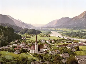 Black And White Woodcut Illustration Drucke: General view of Brixlegg, Tyrol