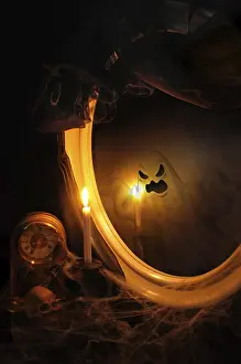 Abandoned Table Setting Drucke: Ghost reflection in the mirror on the table with a candle