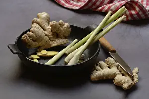 Medicinal Plant Nutrition Drucke: Ginger, ginger root and lemongrass in pot