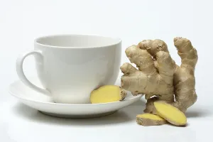 Root Vegetable Nutrition Drucke: Ginger root with cup, ginger tea