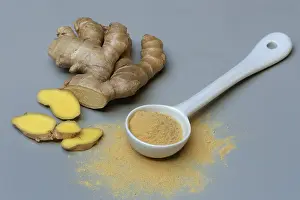 Food Photography Ginger Drucke: Ginger root and ginger powder in spoon