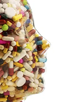 Austria Healthcare System Drucke: A glass head filled with many tablets