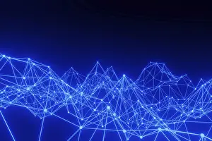 Futuristic Architecture Style Drucke: Glowing Blue Abstract Triangle Plexus on Black Background