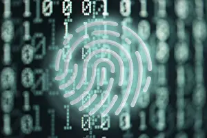 Cyber Crime Protection Drucke: glowing fingerprint symbol against binary code digital background