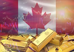 Gold Investment Strategy Drucke: Gold bars on Canada flag in background