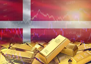 National Colors Concept Image Drucke: Gold bars on Denmark flag in background