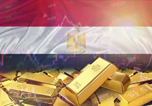 North African Economy Drucke: Gold bars on Egypt flag in background