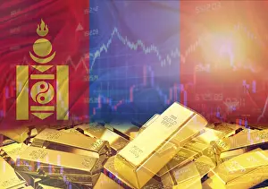 Gold Bars On Flag Drucke: Gold bars on Mongolia flag in background