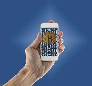 Cryptocurrency Illustration Drucke: Gold bitcoins on blue background
